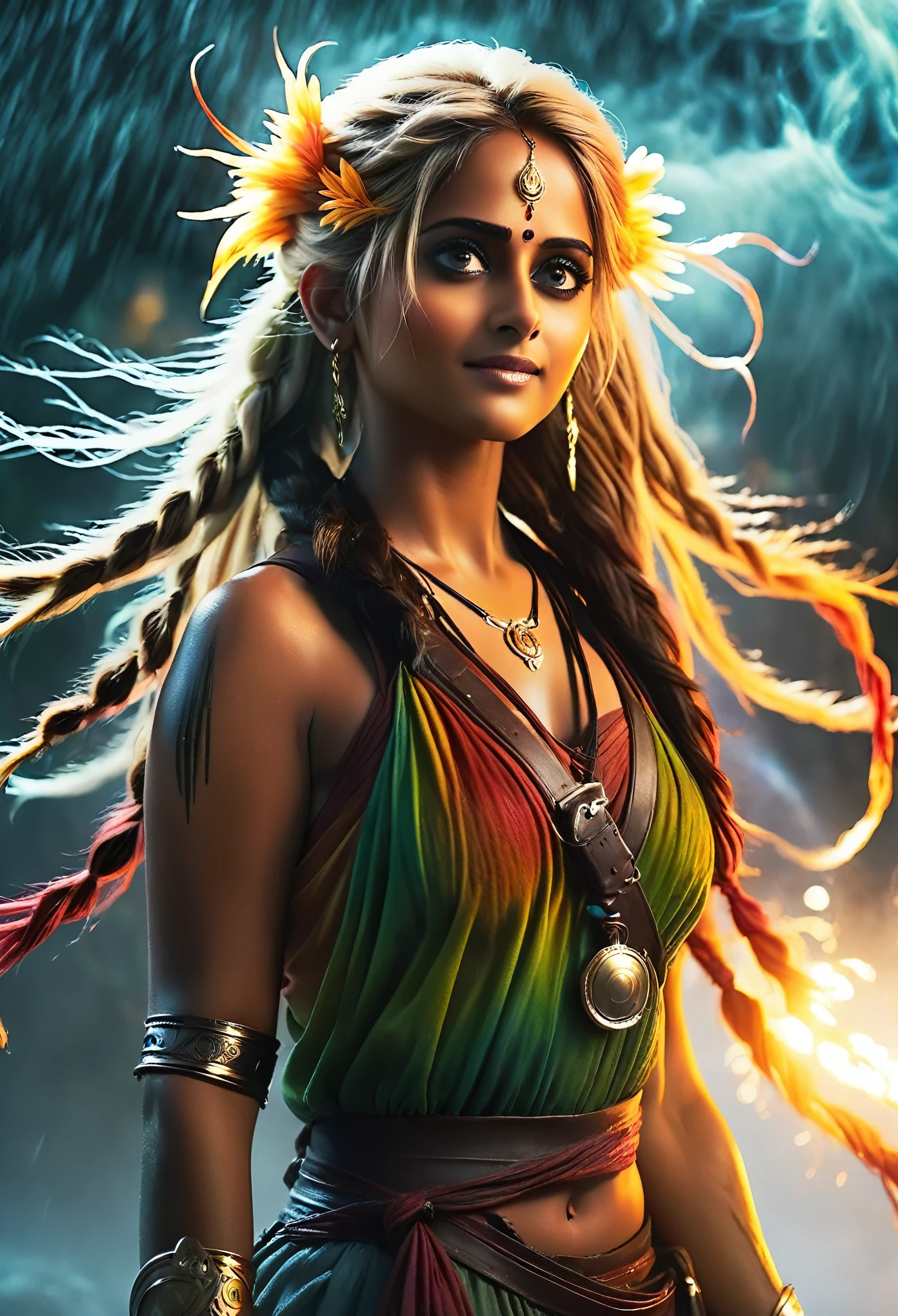 photorealistic, full body picture, Anushka Shetty as Rikku from Final Fantasy 7, magical glowing illuminating eyes, surrounded in fog and mist, surrounded by a mystical dynamic aura, low key lighting, expressive grinning, lens flare, extreme swirly bokeh, halation, cute and dreamy, professional color grading, professional photography, soft shadows, no contrast, clean sharp focus, modern analog photo, f-stop 1.2, magical & ethereal, exaggerated bathukolpian, slender fit body, body paint, no warpaint, no portrait, no close up