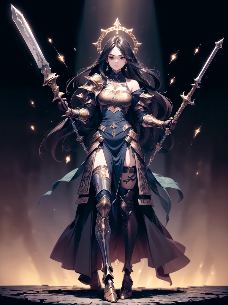 (((masterpiece, best quality, 8k)))A dark and cursed female game character,((perfect face)), wearing ornate black and gold armor, wielding a cursed blade, with dark vambraces and cursed boots, in a gloomy, atmospheric lighting,(((full body shot))), (best quality,4k,8k,highres,masterpiece:1.2),ultra-detailed,(realistic,photorealistic,photo-realistic:1.37),HDR,UHD,studio lighting,ultra-fine painting,sharp focus,physically-based rendering,extreme detail description,professional,vivid colors,bokeh,dark fantasy,concept art