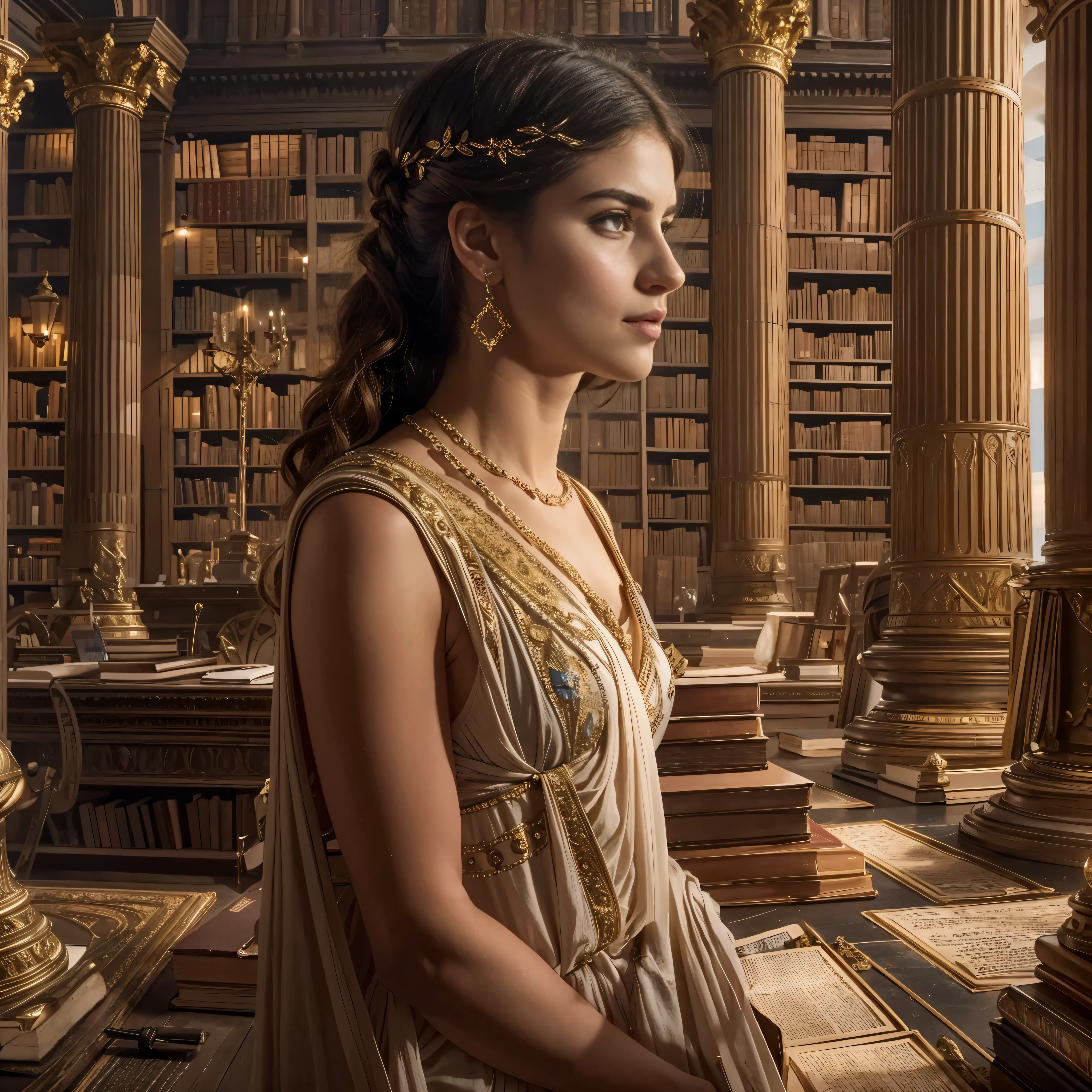 POR FAVOR corrija a imagem, Obra de arte, Hypatia, a renowned Neoplatonist philosopher, astronomer, and mathematician, fica na Grande Biblioteca de Alexandria, por volta de 395 DC. Esta mulher grega de 25 anos, corpo esguio e magro, Seios pequenos, quadris estreitos, retratado com uma beleza impressionante, se envolve apaixonadamente com seus alunos. Her demeanor reflects her deep intellect as she lectures on complex philosophical concepts.. The vast shelves of parchments and architectural grandeur of the library of Alexandria form the backdrop, emphasizing its academic environment, 16k, ultra high resolution.Fotorrealista, UHD, CRU, Luz natural, wide angle