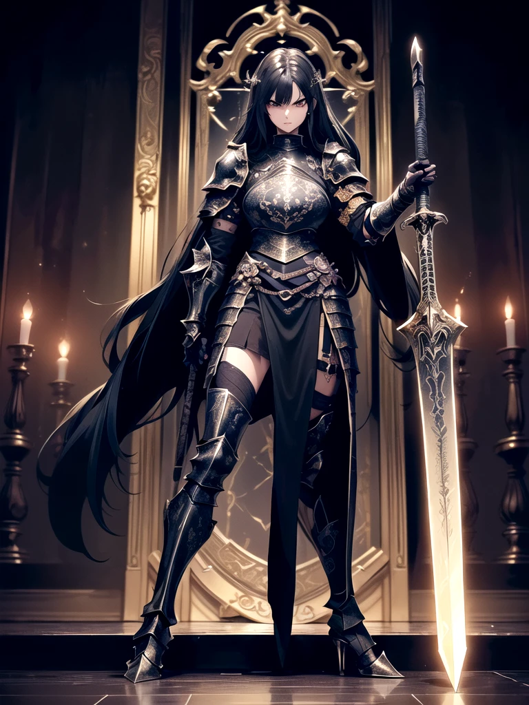 (((masterpiece, best quality, 8k))) Design a layout showcase Gaming character, (1girl),((perfect face, high detailed face)). Black+Gold clothes, opulent and dark, ((showcase weapon:1.4)), cursed blade, (masterpiece:1.2), (best quality), 4k, ultra-detailed, (Step by step design, layout art:1.5), (gloomy lighting, cursed atmosphere), dark knight, ((cursed gloves)), (((revealing armor:1.3))), dark vambraces, cursed boots, (((full_body_shot:1.4)))