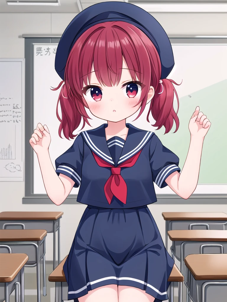 9 years old、One girl、Black Hair、Twin tails、Red hair ornament、Navy blue sailor suit、Short sleeve、beret、mile、classroom