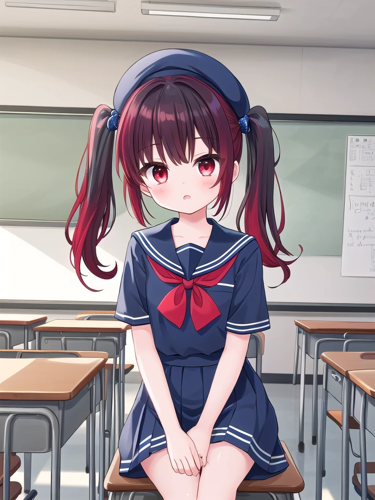 9 、One girl、Black Hair、Twin tails、Red hair ornament、Navy blue sailor suit、Short sleeve、beret、mile、classroom