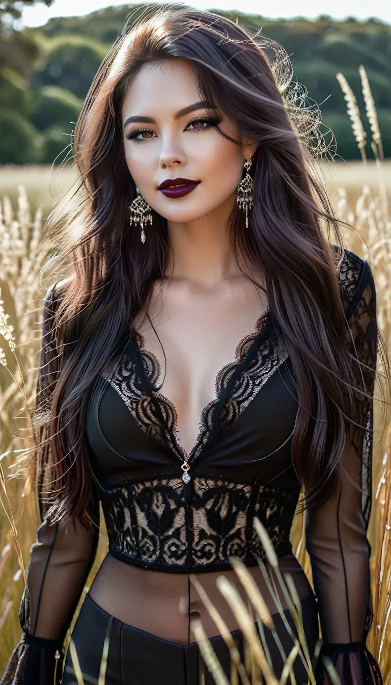 A stunningly beautiful girl standing in a field with tall grass and flowers, in a gothic style and a slight smile. She has long wavy dark hair blowing in the wind and light makeup with dark lipstick. She wears a sheer black blouse with intricate lace detailing and a deep V-neck paired with dark high-waisted trousers. She accessorized with dangling earrings and layered silver necklaces. The scene has a soft, warm glow, emphasizing the woman's serene and elegant presence in the natural surroundings. Hyperrealism, masterpiece