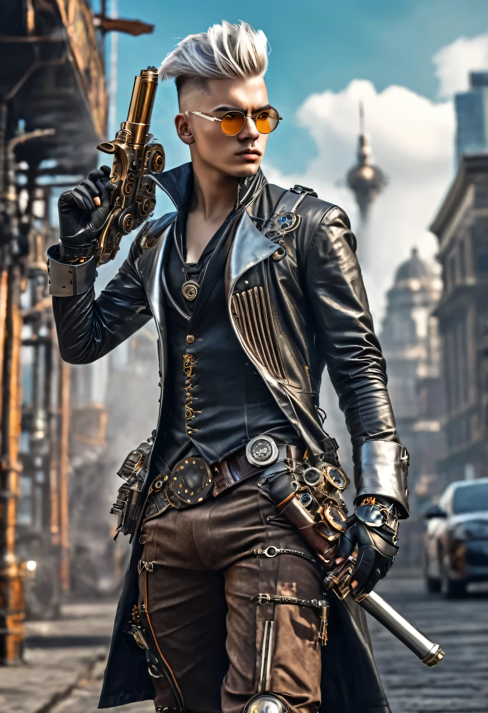 Very badass Steampunk young man, silver undercut hair, steampunk outfit and weapon, hyperrealism, photorealistic, 8k, unreal engine, with motion blur and dynamic pose, and a background of a futuristic city, and more details to the weapon, and make it look like he's in action, 32k ultra hd realistic, masterpiece, award