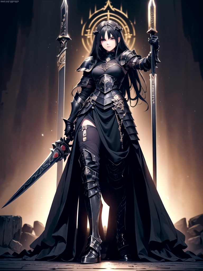 (((masterpiece, best quality, 8k))) Design a layout showcase Gaming character, (1girl),((perfect face, high detailed face)). Black+Gold clothes, opulent and dark, ((showcase weapon:1.4)), cursed blade, (masterpiece:1.2), (best quality), 4k, ultra-detailed, (Step by step design, layout art:1.5), (gloomy lighting, cursed atmosphere), dark knight, ((cursed gloves)), (((revealing armor:1.3))), dark vambraces, cursed boots, (((full_body_shot:1.4)))
