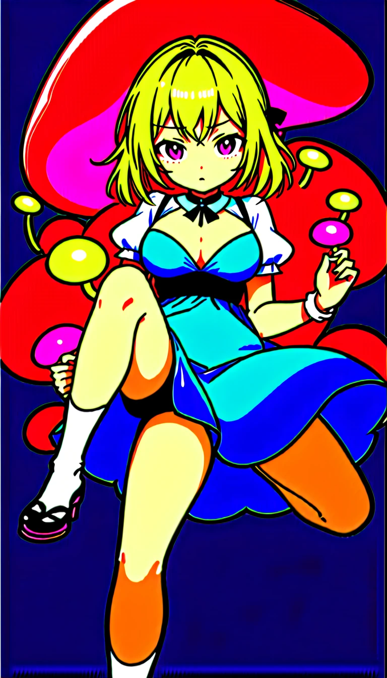 a design for a T-shirt of a beautiful 20 year old blonde woman with big messy hair in a blue dress, white stockings, black headband, cleavage, holding a glowing mushroom, fantasy art style, rossdraws cartoon vibrant, alice in wonderland cyberpunk, cute detailed digital art, colorfull digital fantasy art, digital fantasy art ), glossy digital painting, rossdraws pastel vibrant, rossdraws 2. 5, rossdraws 1. 0