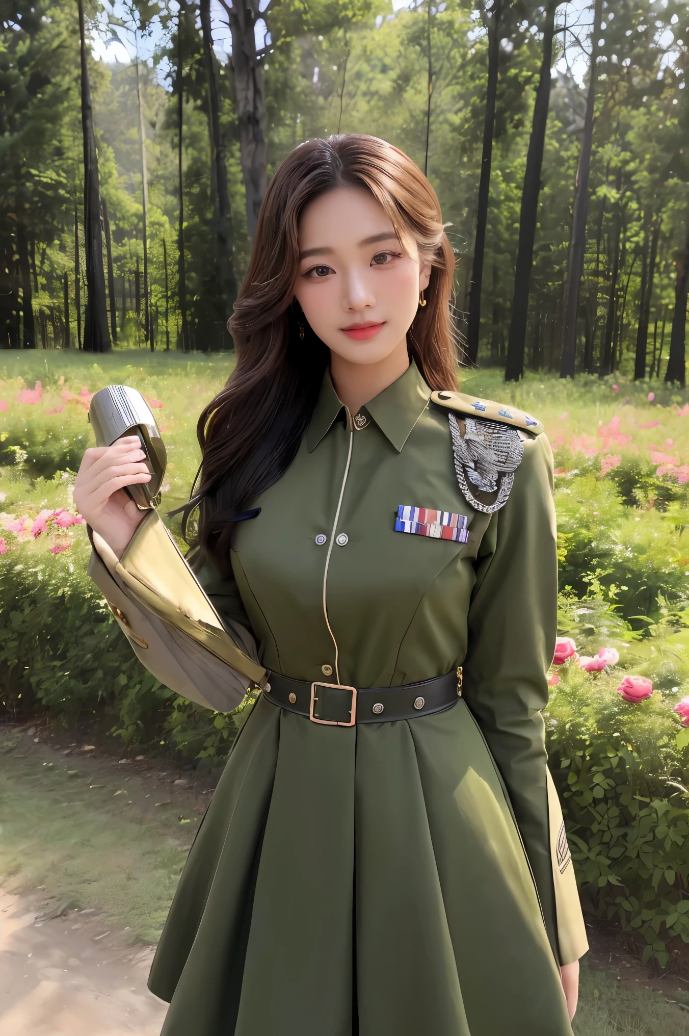 8K, Highest quality, very detailed:1.37), Eliana, ((18 years old)), beautiful asian girl, ((Standing proudly in military uniform)), It represents her role as a soldier.. She wore a form-fitting olive green dress.. High-resolution images capture detailed realism., highlighting Eliana's determined expression, Eye piercing, and confident demeanor. The bacKdrop showcases an forest, Increases the authenticity and importance of the image.. This visually striKing representation showcases Eliana's strength and dedication as a soldier, cute Knees, ((LaKe)), ((pine)), Beautiful smile 1:2, ((detailed face)), ((perfect shape)), ((fine hair)), ((dress details)), TanKer, army vehicle, ((Kรื่องยิงขีปนาวุธ S-500)), ขีปนาวุธถูกยิงออกจากKรื่องยิง, K, heavily armored vehicles, ((rose in hand.)), ((ซุปเปอร์อกกลมใต้Kรื่องแบบ)),