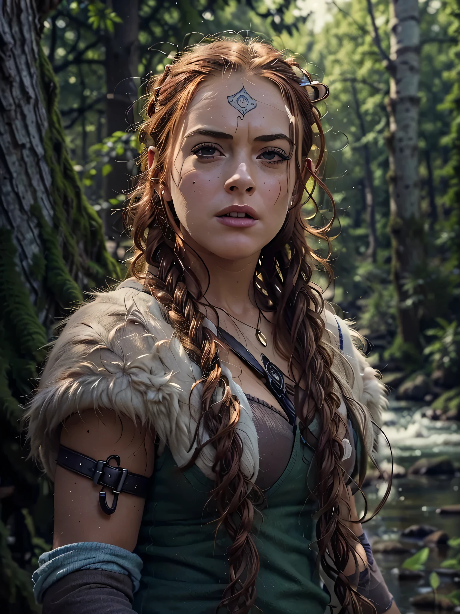 (viking girl in the forest),(20 years old),(detailed axe in hand),(ultra-detailed,high-resolution image,1.2 masterpiece),(realistic:1.37),(dark, moody)(vibrant colors),(mysterious lighting),(scandinavian landscape),(beautiful detailed eyes),(long braided hair),(fur-lined clothing),(confident and fierce expression),(strong and muscular physique),(tattoos on arm),(fallen leaves on the ground),(ancient ruins in the background),(thick fog),(majestic trees),(rustic wooden cabin),(golden sunset),(powerful stance),(heraldic shield),(battle scars),(wildflowers in her hair),(pristine snow-covered mountains),(intense focus),(stormy sky),(exquisite wood carvings),(rugged and weathered textures),(rippling water in a nearby river),(whispers of forgotten legends),(mythical creatures hidden in the shadows),(norse mythology inspiration) lindsaylohan