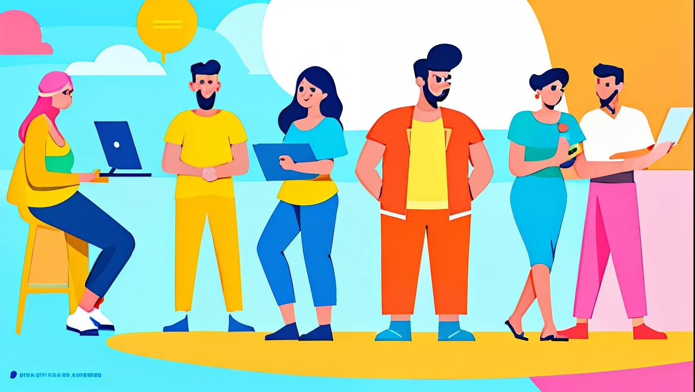  A group people talking to each other , full body , High quality, high-definition,  bright color scheme ,colorful illustrationseditorial illustrations in pastel, James Gillard's style, flat style illustrations, digital style illustrations, magazine illustrations in modern style!