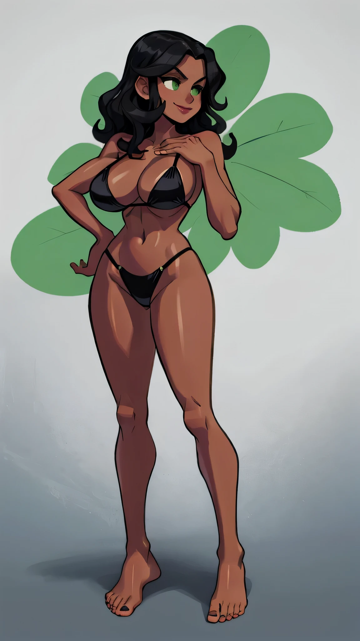 Masterpiece, best quality, Masterpiece, best quality, 1 woman, black skin , wavy black hair , green eyes , smile , sly face , black bikini , big breasts , abdomen , Long legs , Put your hands on your hips... , Barefoot , full body , white background 