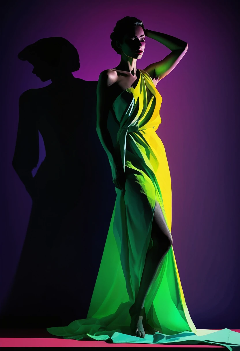 Life drawing Art model striking a pose for an artist, draped with linen sheet, Minimalist low poly abstract, "intense shadows", "neon-lit scene", graphic novel illustration by henri matisse, flat color, ZORN MINIMAL palette, low poly art, high contrast, sharp geometric color blocks are used for shading, backlighting, silhouette,