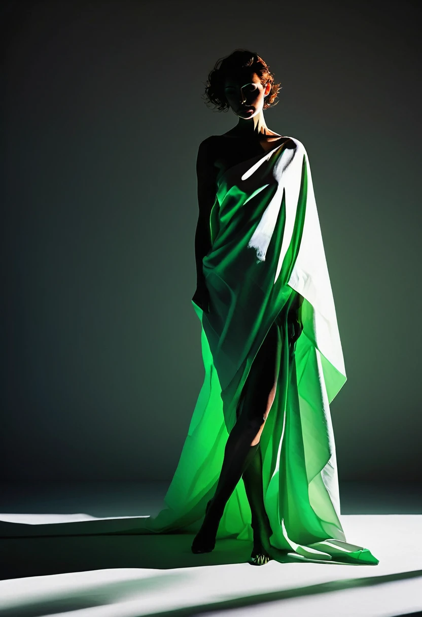 Life drawing Art model striking a pose for an artist, draped with linen sheet, Minimalist low poly abstract, "intense shadows", "neon-lit scene", graphic novel illustration by henri matisse, flat color, ZORN MINIMAL palette, low poly art, high contrast, sharp geometric color blocks are used for shading, backlighting, silhouette,