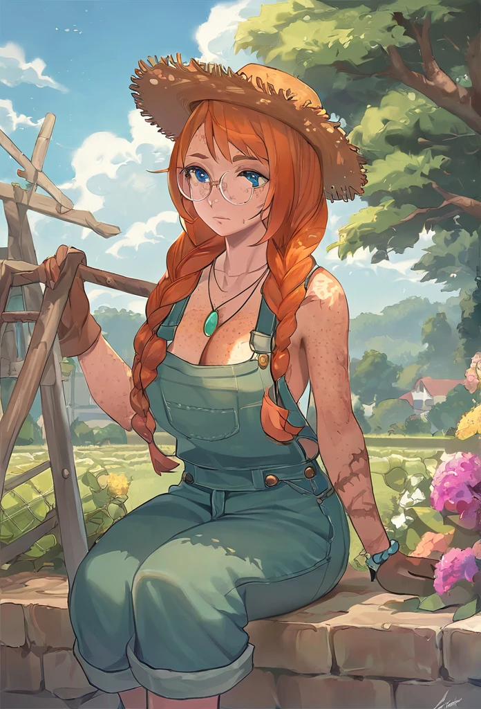 character tension, cool, solo, human, waist up, farm girl, female, solo, blue eyes, cleavage, straw hat, long twin braids, orange hair, bronze round glasses, small thin silver necklace with a turquoise stone, overalls, suspenders, yellow frilly shirt, ((freckled skin, lots of freckles on breasts)), large breasts, ((small scars on body, acne scarred skin)) ,sitting on garden flowers,cloud,(((masterpiece,best quality))),((good structure,Good composition,good atomy)), ((original,beautiful))