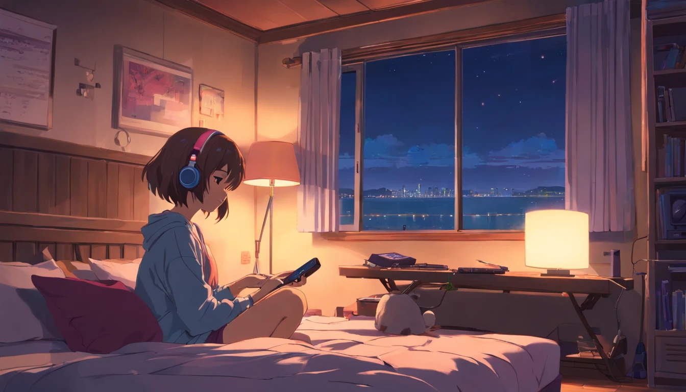 imagem perfeita, 8K, Girl listening to music in a cozy room at night, Usando fones de ouvido, Anime estilo 2D, lo-fi, hard disk, Ambiente escuro, Hugged with her boyfriend,