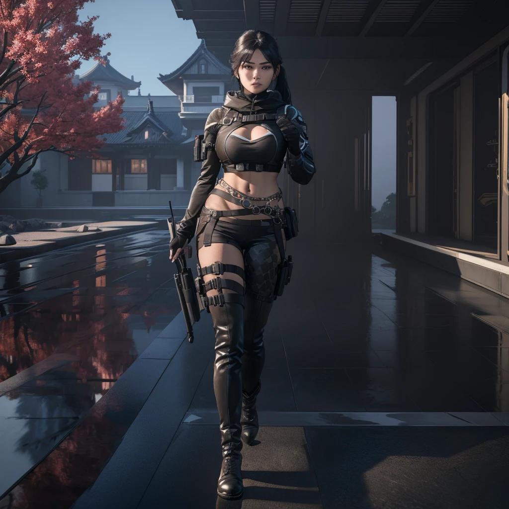 She is in a Japanese landscape with cherry trees and in the background is a Japanese castle, (full body portrait, 1girl, looking at viewer, highly detailed, anatomy correct:1.4), black gloves, hood on, tactical gear, Sharp focus, black boots, (athletic body:1.3), black jeans, ((Best quality, masterpiece, Very beautiful woman, beautiful and detailed face)), Depth-of-field, Multi-layered textures, HDR (High Dynamic Range), Ray Tracing, NVIDIA RTX, Unreal 5, Subsurface scattering, PBR Texturing, Post-processing, Anisotropic Filtering, Maximum clarity and sharpness, Wide aperture, Low ISO, White balance, Rule of thirds, 8K RAW, (extremely slutty), (Highly realistic skin), sharp image, (extremely high quality artwork),