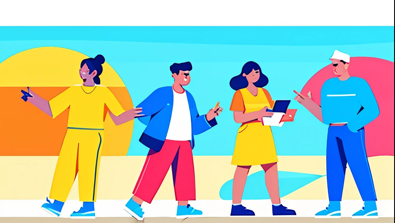  A group people talking to each other , full body , High quality, high-definition,  bright color scheme ,colorful illustrationseditorial illustrations in pastel, James Gillard's style, flat style illustrations, digital style illustrations, magazine illustrations in modern style!