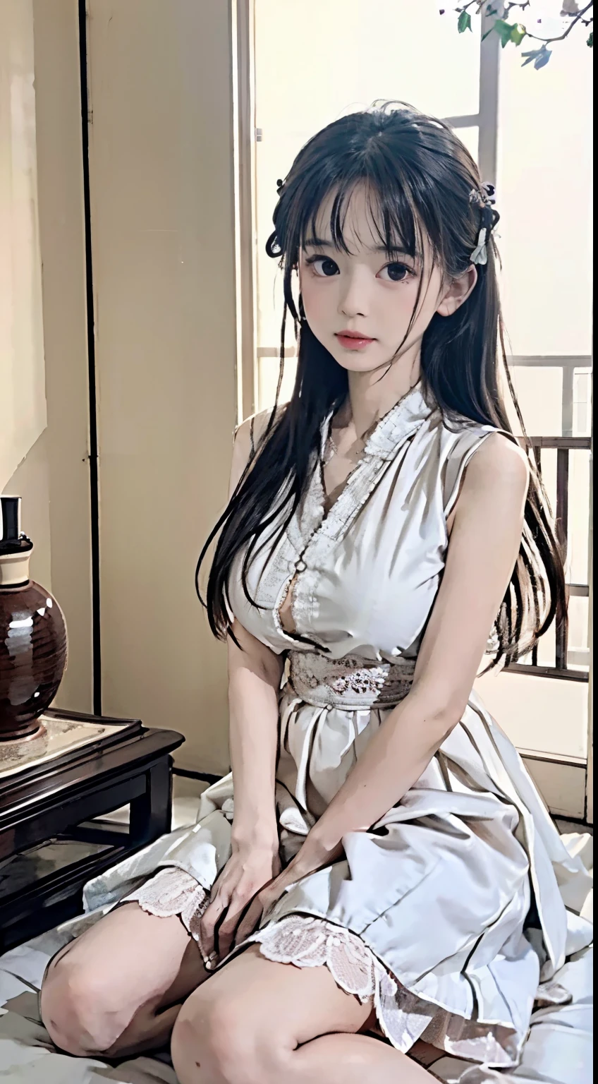 Master quality, highest quality, best picture quality, exaggerated details, a cute 8  asian little gth a shy expression, slightly squinted eyes, adjusting her hair, long eyelashes (long hair / very, very exaggerated big breasts, big tits / in petticoat dress tissue, ), posing sit in front of the camera, wet breast hanfu, slim and tall waist, silk lace, xintong chen, with open v  hafu acient chinese clothes, detail breast , detail cheast, detail tit