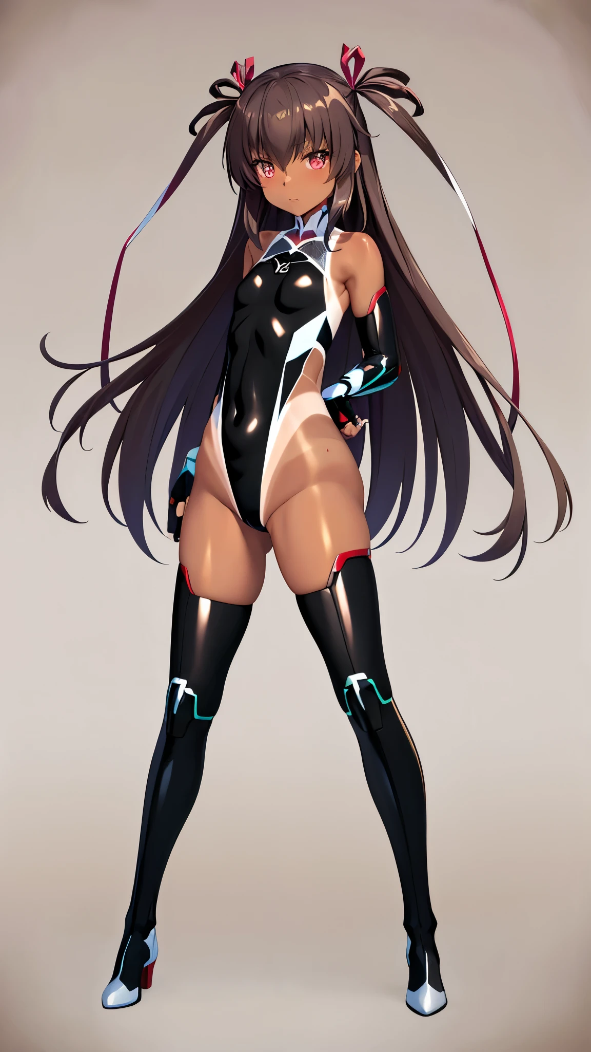 8k,best quality,masterpiece, highest quality, High resolution ,Mizuki Yukikaze, 1 person,Hair Ribbon, ((Black leotard)),(((Taimanin suit)), skinny,flat tits,One Piece Tan, Elbow Bag, Fingerless gloves, Thigh-high boots,pov,Are standing,full body,