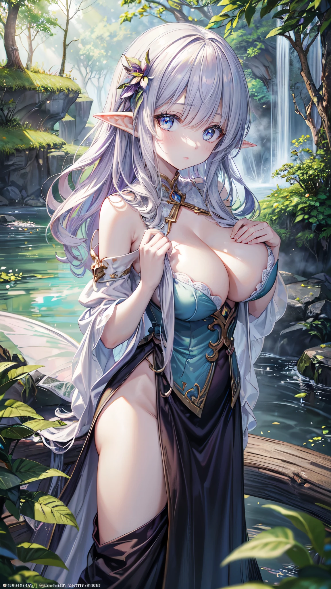 ( Absurd, High quality, Ultra-detailed, Masterpiece, concept-art, smooth, high detail artwork, Hyper-realistic painting ) , elf, Plum elf, plum , Transparent fairy wings, huge tit，low chest，fairytale-like, Romantic, Vivid, Whole body,hand behind back，Malu，largeeyes，（Eye focus），Cosmic eyes，Space eyes，In nature with waterfalls，PureErosFace_V1，Urzang-6500-V1 version.1, detailed face, detailed eyes, detailed hands