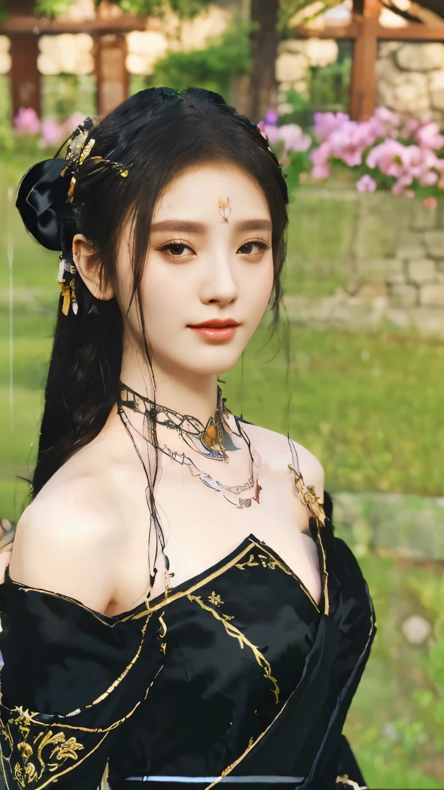 a close up of a woman in a black dress with a flower in her hair, a beautiful fantasy empress, beautifull, full body, game cg, korean mmorpg, goddess, 4 k detail fantasy