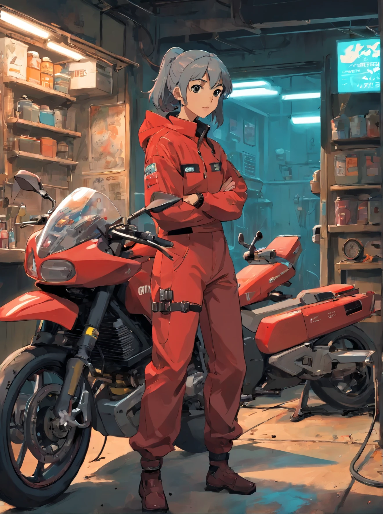 1 mechanic arguing, motobike ducati three quarter view not factory tuned classic out of a garage being repaired, Garage witch windows, symetric, crowded room, sketch, with some mud on the bodywork and the windshield, grey and light red and pastel red headlight on, paint style with large trendy, 4k, enlarged view, expressionist brush strokes paint on artstation, concept art, cyberpunk, --ar 2:3