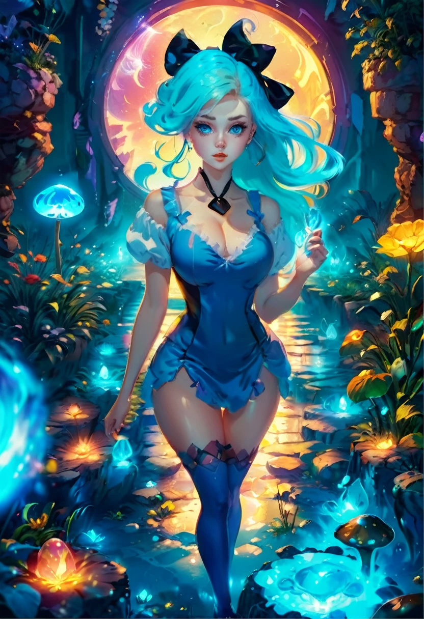 a beautiful 20 year old blonde woman with big messy hair in a blue dress, white stockings, black headband, cleavage, full body, holding a glowing mushroom in her hands, fantasy art style, rossdraws cartoon vibrant, alice in wonderland cyberpunk, cute detailed digital art, colorfull digital fantasy art, digital fantasy art ), glossy digital painting, rossdraws pastel vibrant, rossdraws 2. 5, rossdraws 1. 0