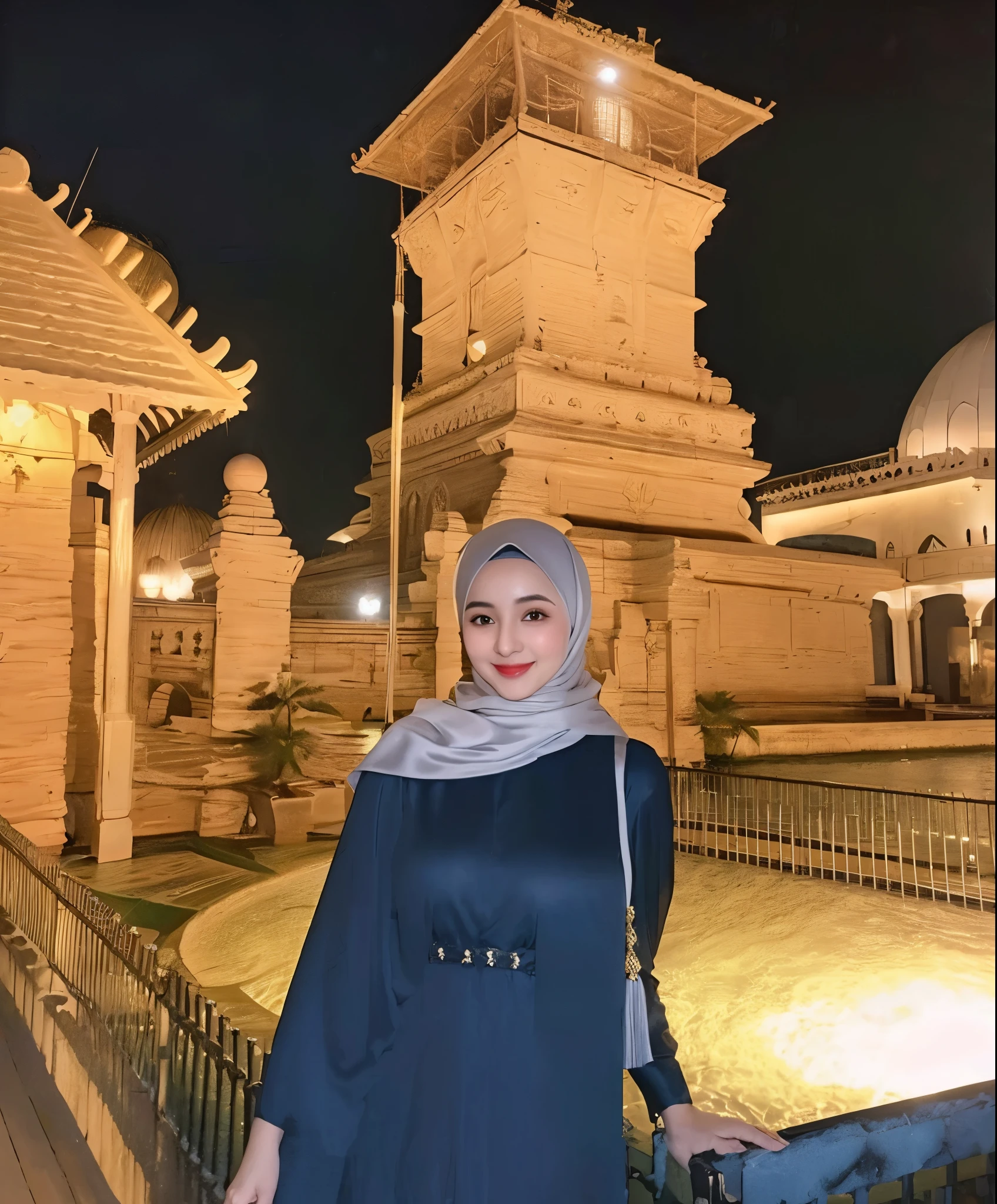 RAW photo of a 24 year old girl wearing hijab,((smile)), satin abaya sexy sea foam , satin, hijab face portrait,((tp background)), 8k uhd, dslr, soft lighting, high quality, film grain, Fujifilm XT3, covered dress, patterned dress, gigantic breasts:1.5 , ((HD))