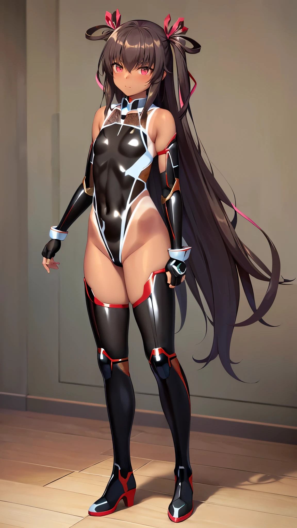 8k,best quality,masterpiece, highest quality, High resolution ,Mizuki Yukikaze, 1 person,Hair Ribbon, (((Black leotard))),(((Taimanin suit)), skinny,flat tits,One Piece Tan, Elbow Bag, Fingerless gloves, Thigh-high boots,pov,Are standing,full body,