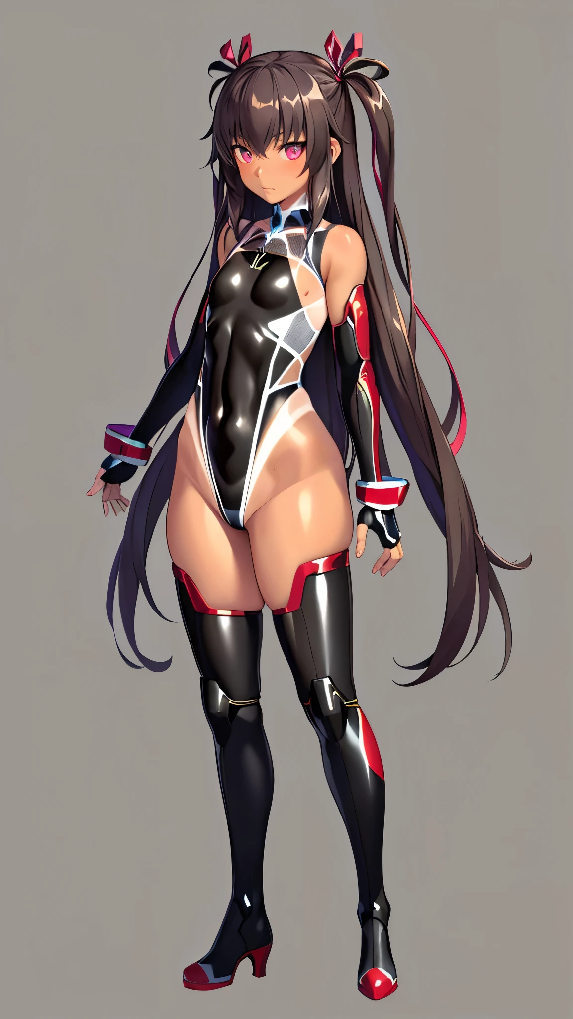 8k,best quality,masterpiece, highest quality, High resolution ,Mizuki Yukikaze, 1 person,Hair Ribbon, (((Black leotard))),(((Taimanin suit)), skinny,flat tits,One Piece Tan, Elbow Bag, Fingerless gloves, Thigh-high boots,pov,Are standing,full body,