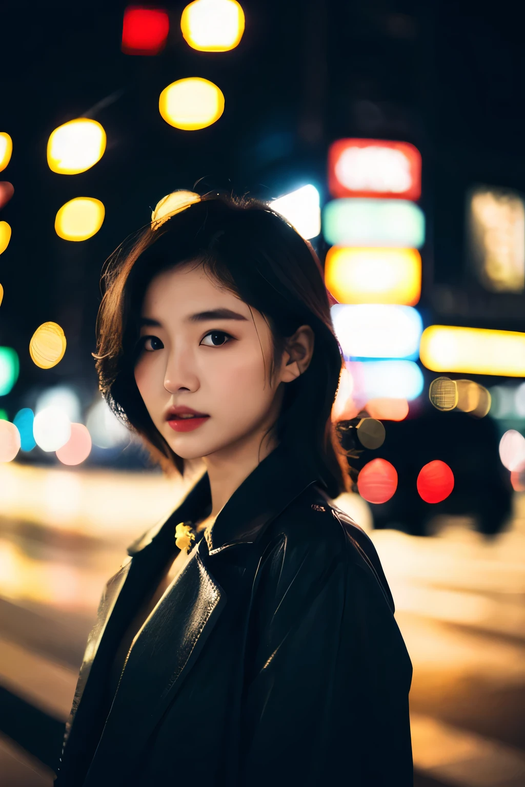 beautiful korean fashion model,city night,shallow depth of field,elegant,graceful,cinematic,dramatic lighting,highly detailed,8k,photorealistic,trending on artstation,professional photography,vibrant colors,neon lights,soft focus,bokeh,moody atmosphere