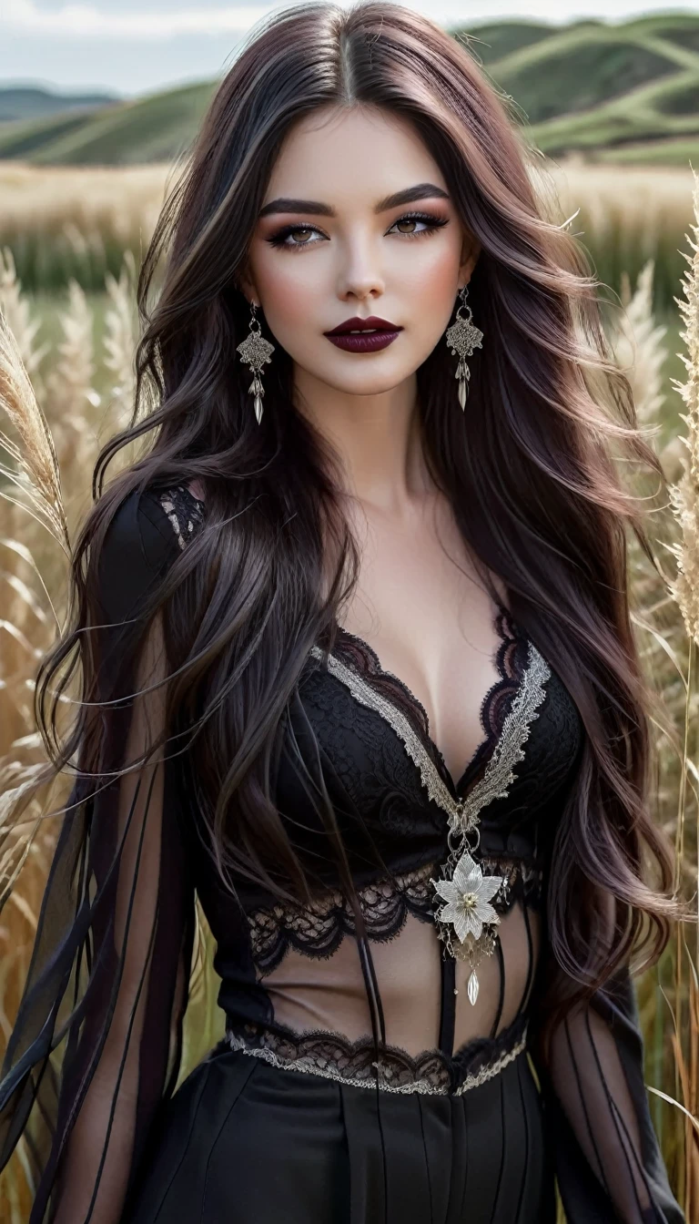 A stunningly beautiful girl standing in a field with tall grass and flowers, in a gothic style and a slight smile. She has long wavy dark hair blowing in the wind and light makeup with dark lipstick. She wears a sheer black blouse with intricate lace detailing and a deep V-neck paired with dark high-waisted trousers. She accessorized with dangling earrings and layered silver necklaces. The scene has a soft, warm glow, emphasizing the woman's serene and elegant presence in the natural surroundings. Hyperrealism, masterpiece