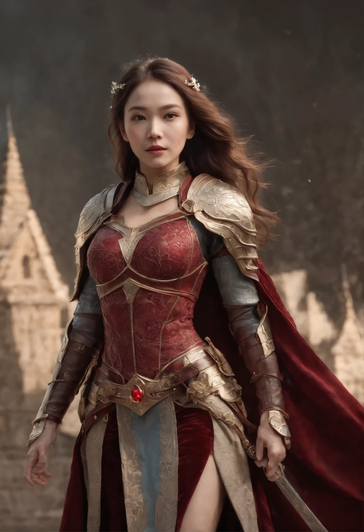 World Style，Armor Girl，Crystal material（3D Rendering Armor，refractive index：1.76 - 1.78，Albedo：0.03 - 0.05，ambient Light：Between 20-50，color：Dark Red, Medium saturation，Type of Light：ambient Light：1.2，Light source color：北極Light，Light源强度：Between 1 and 2，Light源方向：Adjust the position and direction of the Light source appropriately according to the shape and material of the object，Number of Light sources：2 - 3 Light sources
）Crystal exoskeleton，Red cape，beautiful female knight，Detailed fantasy art，Red crystal armor，（Red crystal：15），（Red 0.5），（Crystal texture：1.5），Light滑的表面，high transparency，HD晰度，Textures and details inside materials，Piezoelectric effect，逆Piezoelectric effect，Light學繞射，amazing armor，2.5D CGI fantasy artwork， 4k details fantasy，High Detail, Surrealism, Cubism, Constructivism, Chiaroscuro, Light线追踪, backLight, Stereoscopic View, Light, UHD, Retina, masterpiece, precise, Anatomically correct, high resolution, best quality, Textured Skin, HD, 4k