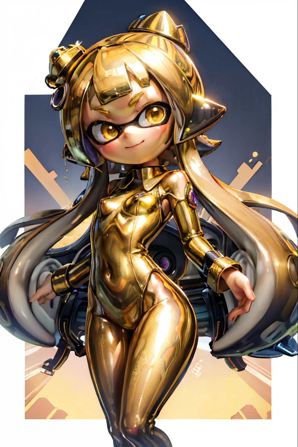 Splatoon Girl、titolten Gold Body、Liquid metal body，Golden tentacle hair、smile、