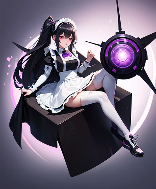 (anime-style: 1.2), (robot maid: 1.2), (main appearance: 1.2), 18-year-old android, dressed in a traditional maid outfit, complete with long white stockings and black sneakers. Her black hair is tied up in an elegant fashion, contrasting with her captivating purple eyes that shimmer with a lifelike glow in the light.
