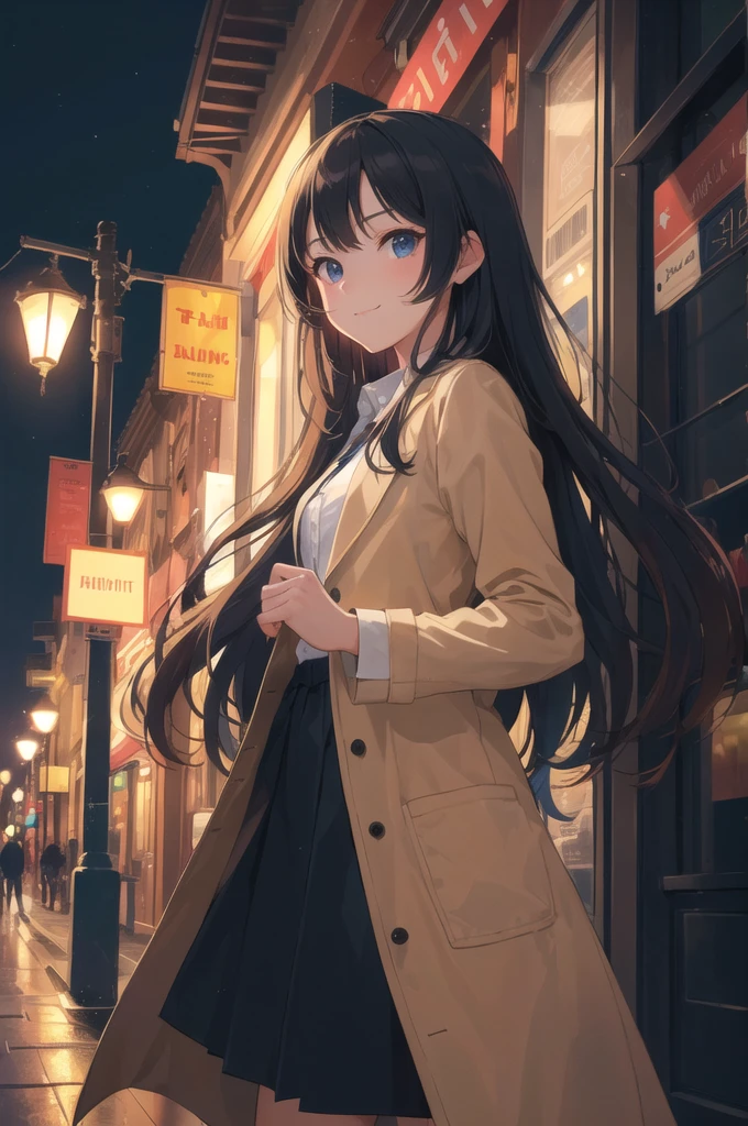 (masterpiece, ultra high res, best quality:1.1), (flat color), 1girl, solo, , cowboy shot, (depth of field:1.2), (night), (long coat), downtown, (street light:1.1), (Fantastic lighting), looking at viewer, black hair, long hair, [smile], (Closed mouth)