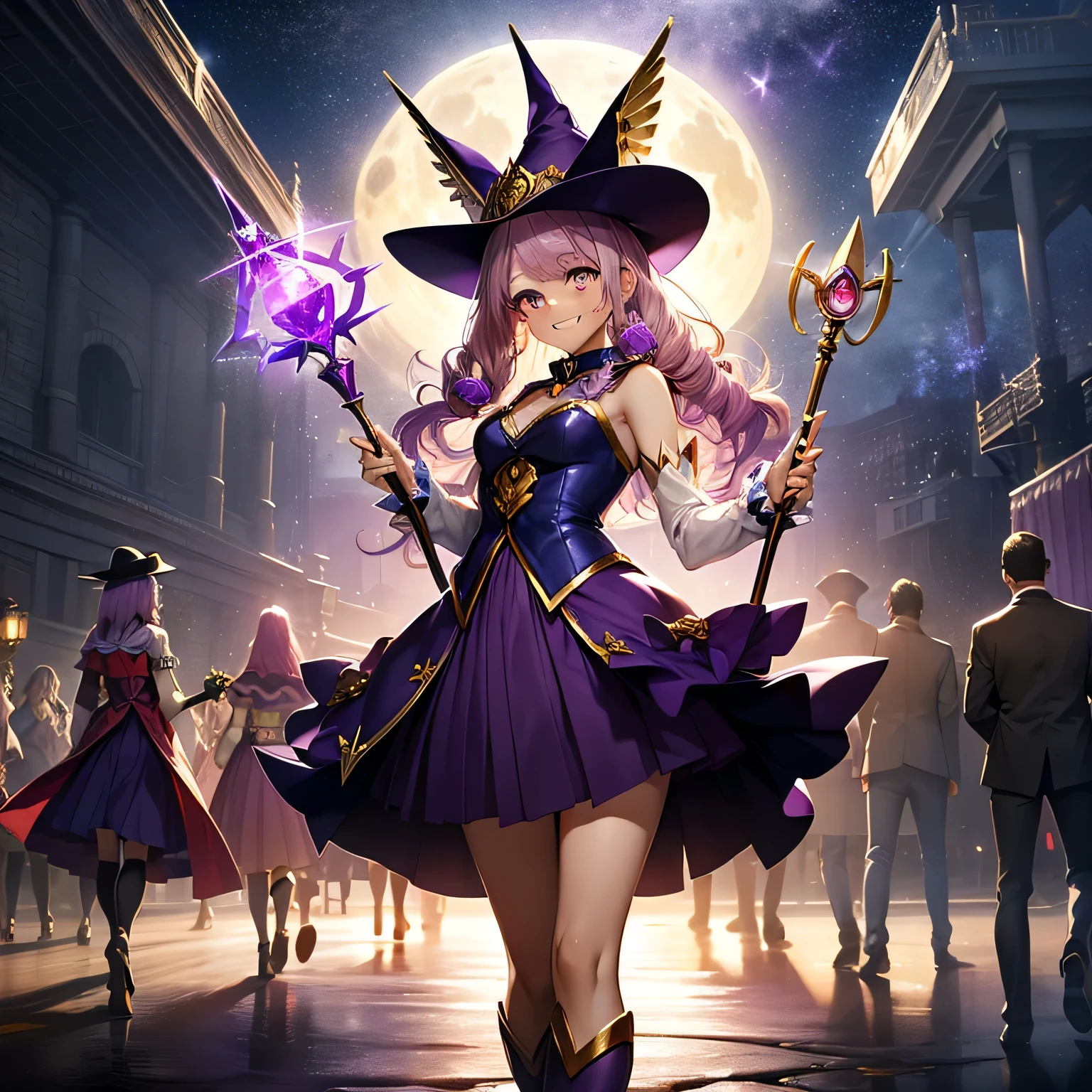 top-quality、extremely delicate and beautiful、(A girl)、Purple Eye、Pink hair、long-haired、(purple witch hat)、、 standing、Full moon night on background, gold shining long staff, magical, wide grin, released a powerful magic、wearing purple sailor moon outfit、sleeveless、short purple skirt、