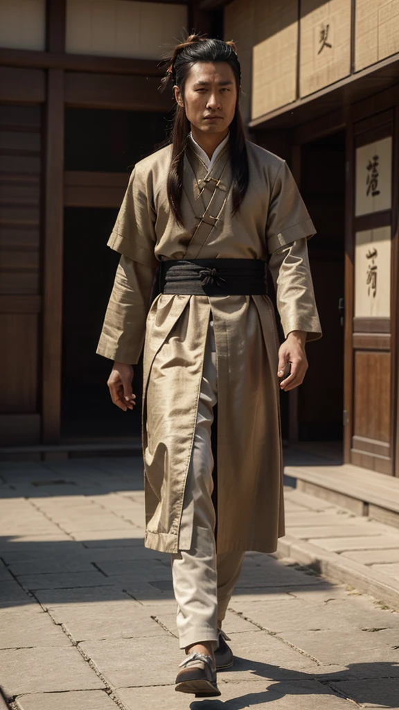 high quality,high quality,4k,Ultra-realistic,Officials of the Tang Dynasty,1 man wearing high-end Tang Dynasty clothing,Long hair tied on top of head,Cloth shoes, Walking back