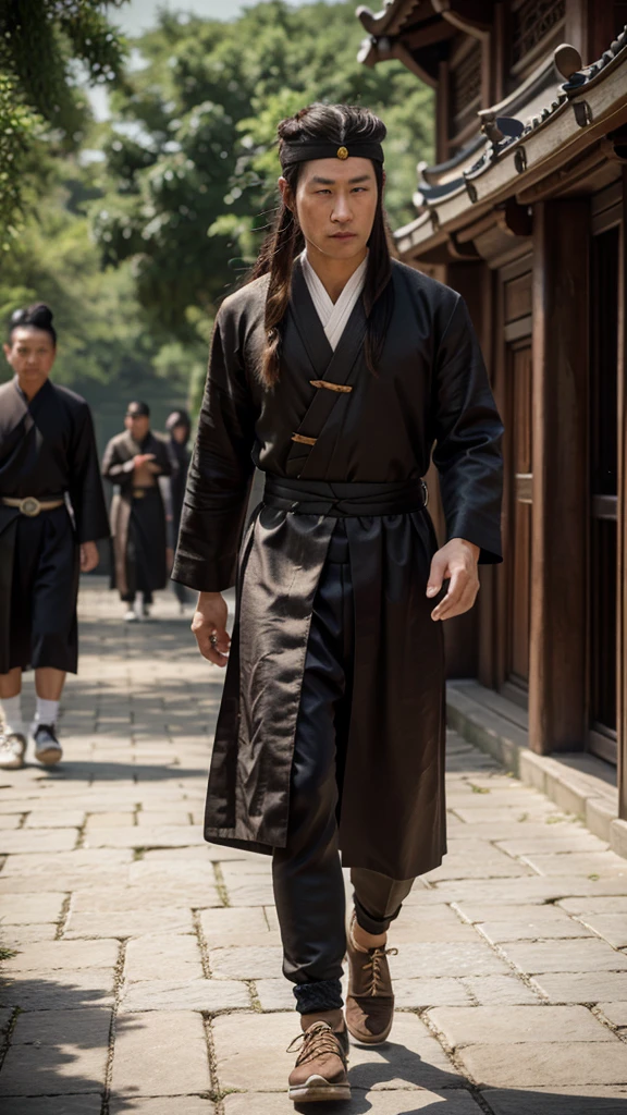 high quality,high quality,4k,Ultra-realistic,Officials of the Tang Dynasty,1 man wearing high-end Tang Dynasty clothing,Long hair tied on top of head,Cloth shoes, Walking back