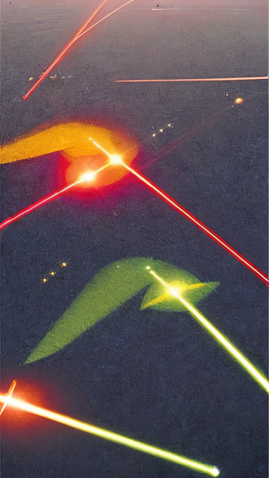 Many thin laser beams are directed straight towards the ground fog,Top-down angle shooting,Perspective,old poster,Old photos are grainy,Mysterious Psychedelic Retro,Asymmetrical composition,Lots of white space,Sci-fi psychedelic,No man's environment,