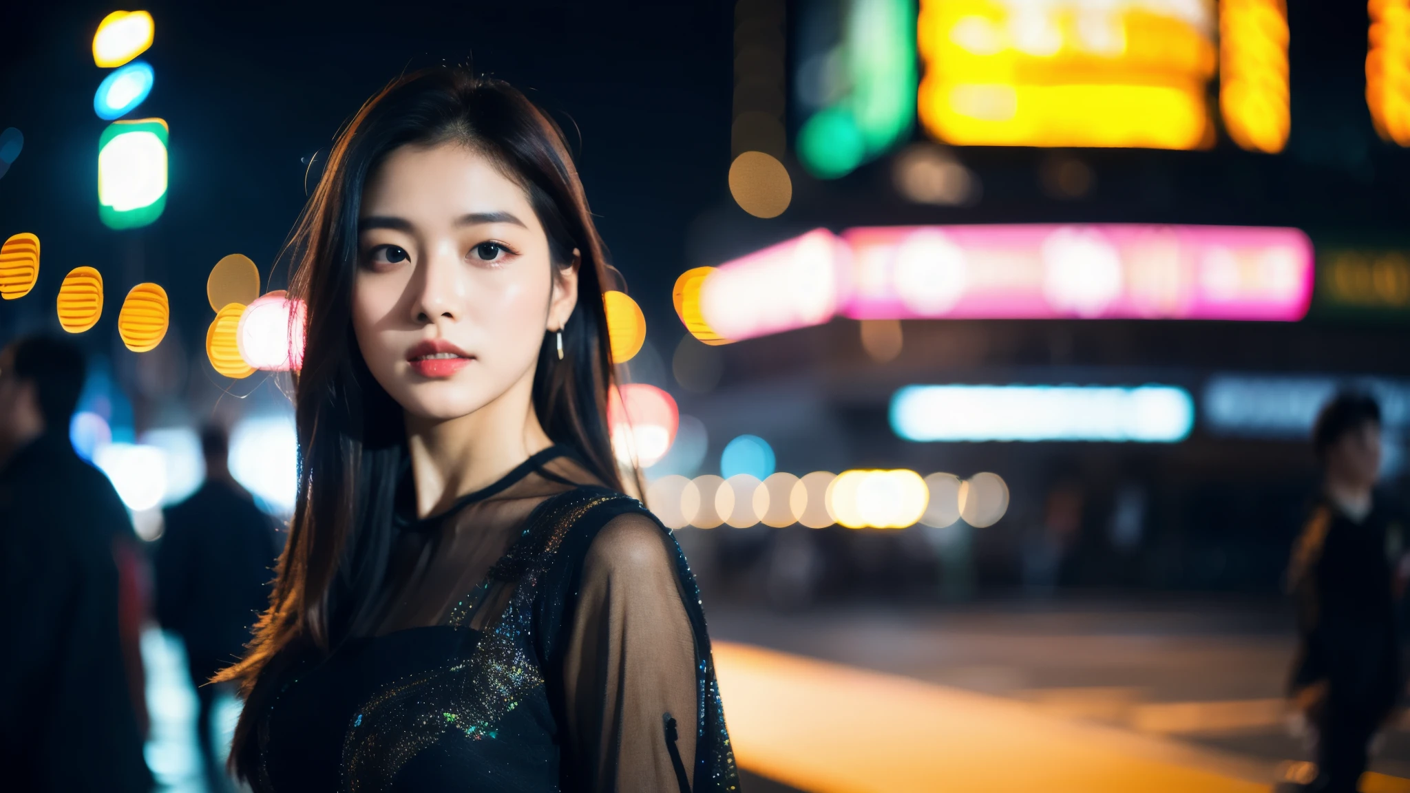 attractive and beautiful korean fashion model,city night,shallow depth of field,elegant,graceful,cinematic,dramatic lighting,highly detailed,8k,photorealistic,trending on artstation,professional photography,vibrant colors,neon lights,soft focus,bokeh,moody atmosphere