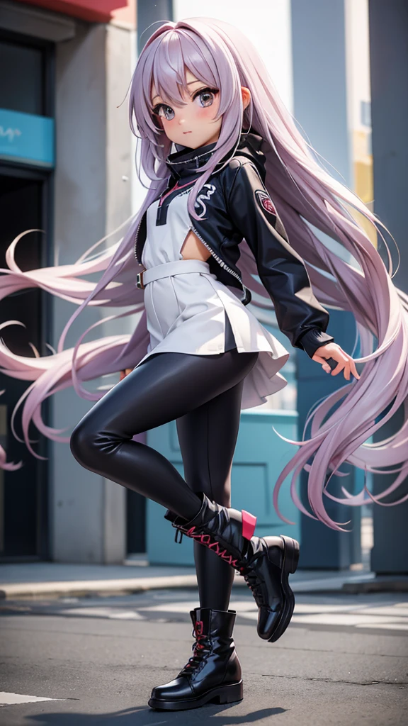 a cute anime girl wearing a classic high with really long silky hair, wearing tight elastic leggings with boots and fingerless gloves