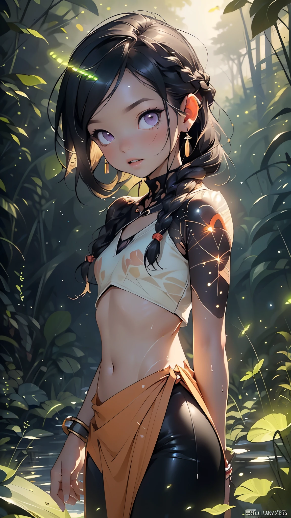 Amazonian black girl,1girl,((((black race)))),Amazonian warrior girl

(large breasts:1.5),((((dreadlock hair:1.5,black hair:1.5,dark hair,twintails)))),medium hair,(((gold_eyes:1.3))),intricate eyes,beautiful detailed eyes,symmetrical eyes,((((tan,dark skin,black skin:1.35,dark-skinned_female,dark skin:1.3,ebony skin,lustrous skin:1.5,bright skin: 1.5,shiny skin,very shiny skin,shiny body)))),(spider lower abdomen,narrow waist,wide hip,athletic body,inflated legs,thick thighs),(((detailed face))),beautiful detailed lips,

cute,slutty,sensual,seductive look,seductive,((erotic)),opulent,sumptuous,(((nsfw))),

(barefoot,),((no top,no bra,tatters,exposed belly button,topless:1.3,(nipples:1.2))).naked ,breast painted blue and yellow,egyptian style,((((bandaged legs:1.5,bandaged arms:1.5,white bandage)))),((eyeshadow,egyptian makeup,eyelid makeup)),(((pelvis curtain))),((loincloth)),feather necklace,(topless:1.4),(tribal bodypaint),(jewelry:1.1),earrings,gold egyptian necklace,gold bracelets,(((torn:1.5, middle chest torn crop top1.1,white loincloth,wet loincloth,intricate loincloth,embroidered loincloth,ornate loincloth))),

(Moaning in pain,feeling pain,tears flowing,sore,crying in pain,frightened and crying,covered in tears,obeying pain,moaning in pain,grimaces of pain,(feeling empty),(regret),dynamic pose,looking at viewer,centered,scale to fit dimensions,Rule of thirds,

lonely atmosphere,broken furniture,

((((many fireflies,fireflies,glowing fireflies,fireflies in the background)))),

outdoors,overgrown,(overgrown background,glowing crystals,bioluminescent plant),scenery,extremely scenery,(((glowing crystals,bioluminescent plants))),(puddles everywhere,moss,moss on the background),clouds,lily pads,palms,reeds,(sunset, golden hour),

(Glossy Egyptian ornaments),highres,sharp focus,(ultra detailed,extremely detailed),(photorealistic artwork:1.37),(extremely detailed CG unity 8k wallpaper),(((vibrant colors,vibrant theme))),(intricate),(masterpiece),(best quality