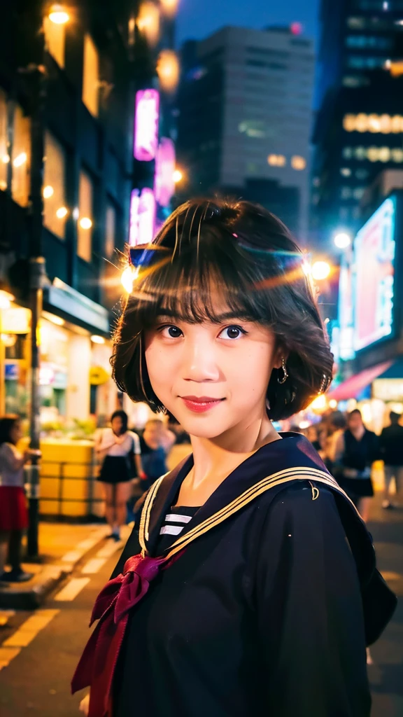 best quality, ultra high res, (photorealistic:1.4), 1girl, the girl wearing black sailor uniform, 80s short hair, night, Shops background, cinematic lighting, detailed face , looking at viewer, front view, blurry background
