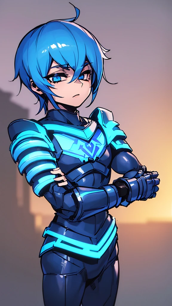 boy with blue hair, (((short hair))) blue eyes, slightly strong body (((something light))) is a teenager. He wears a kind of light technology armor (((sweatshirt covering part of the armor))), nothing exaggerated.