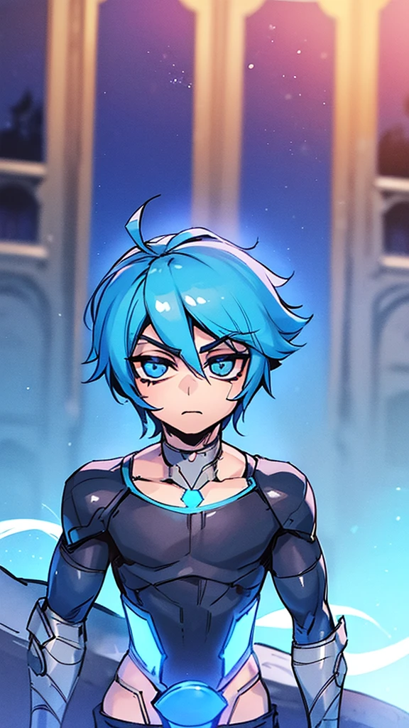 boy with blue hair, (((short hair))) blue eyes, slightly strong body (((something light))) is a teenager. He wears a kind of light technology armor (((sweatshirt covering part of the armor))), nothing exaggerated.