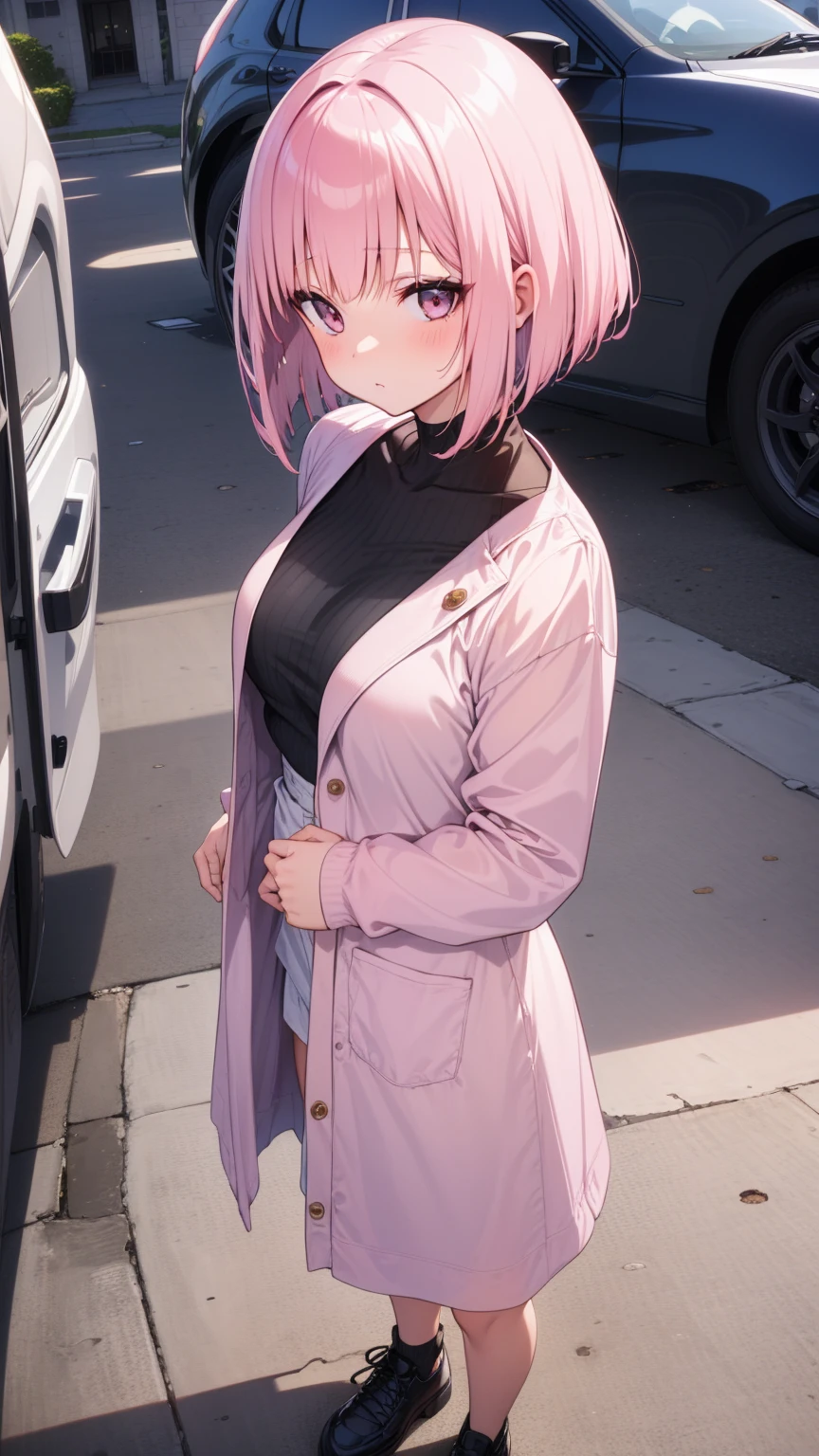 ((Masterpiece)), (High Definition:1.3), (Professional Photography:1.2), 8K, Beautiful photo, wide-shot,Textured skin, (very messy medium hair), shy and very blush, sparkle eyes, cute makeup, Best Quality, crouch on the ragged Dirty street corner, (Take off my clothes, exposed naked nipple), 1girl, Slender body and small chest, cat ears, pale purple hair, Cute teenage Beautiful Girl, oversized thick down-jacket