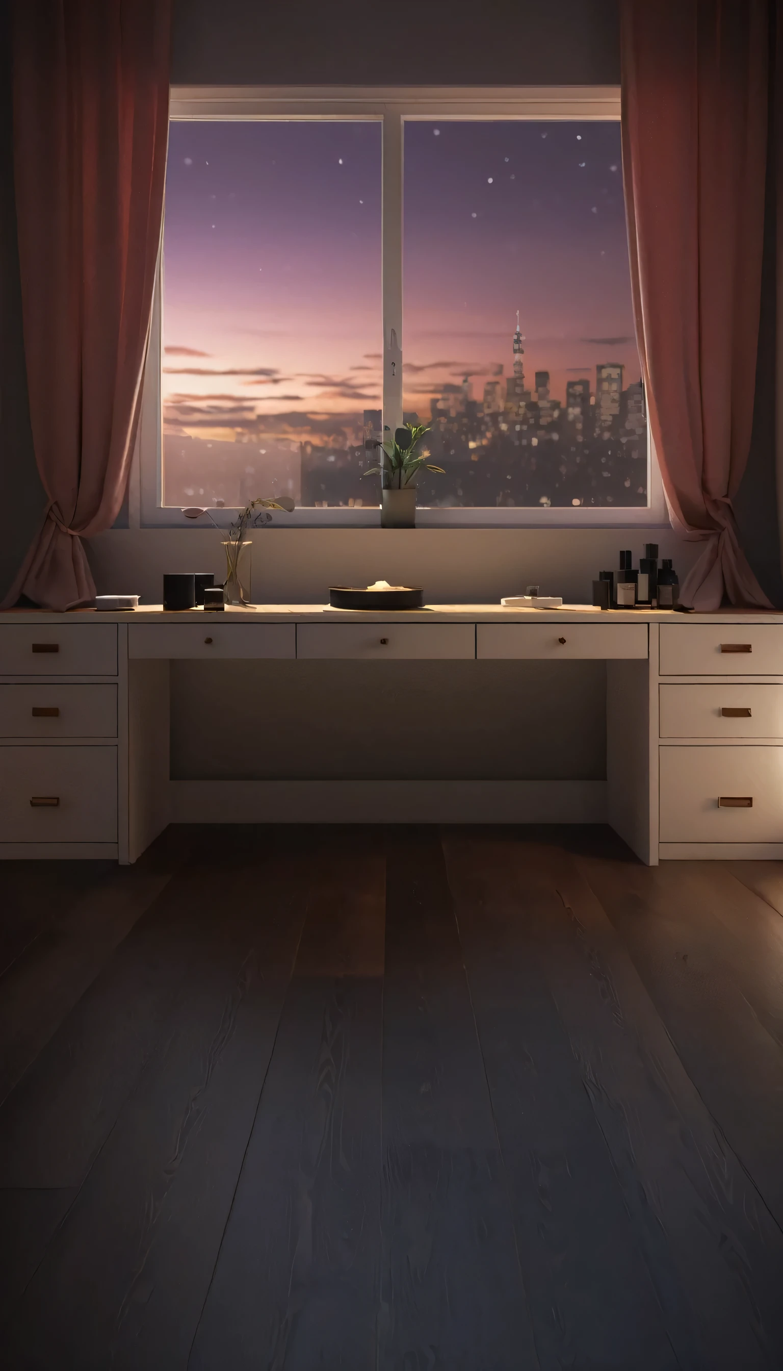 There is a table in front of the window，There are many skin care products and cosmetics on it., Personal room background, 3d. Detailed cinematic rendering,  Interior Background Art, 3D style rendering, Relaxation concept art,  Mask illustration, Scene Rendering, Realistic rendering,night，No lights，Wooden floor，Beautiful Wooden floor，Matte Wooden floor，The view outside the window is Late Night，The view outside the window is night，Late Night，night，It was pitch black outside，Dark night，night，night