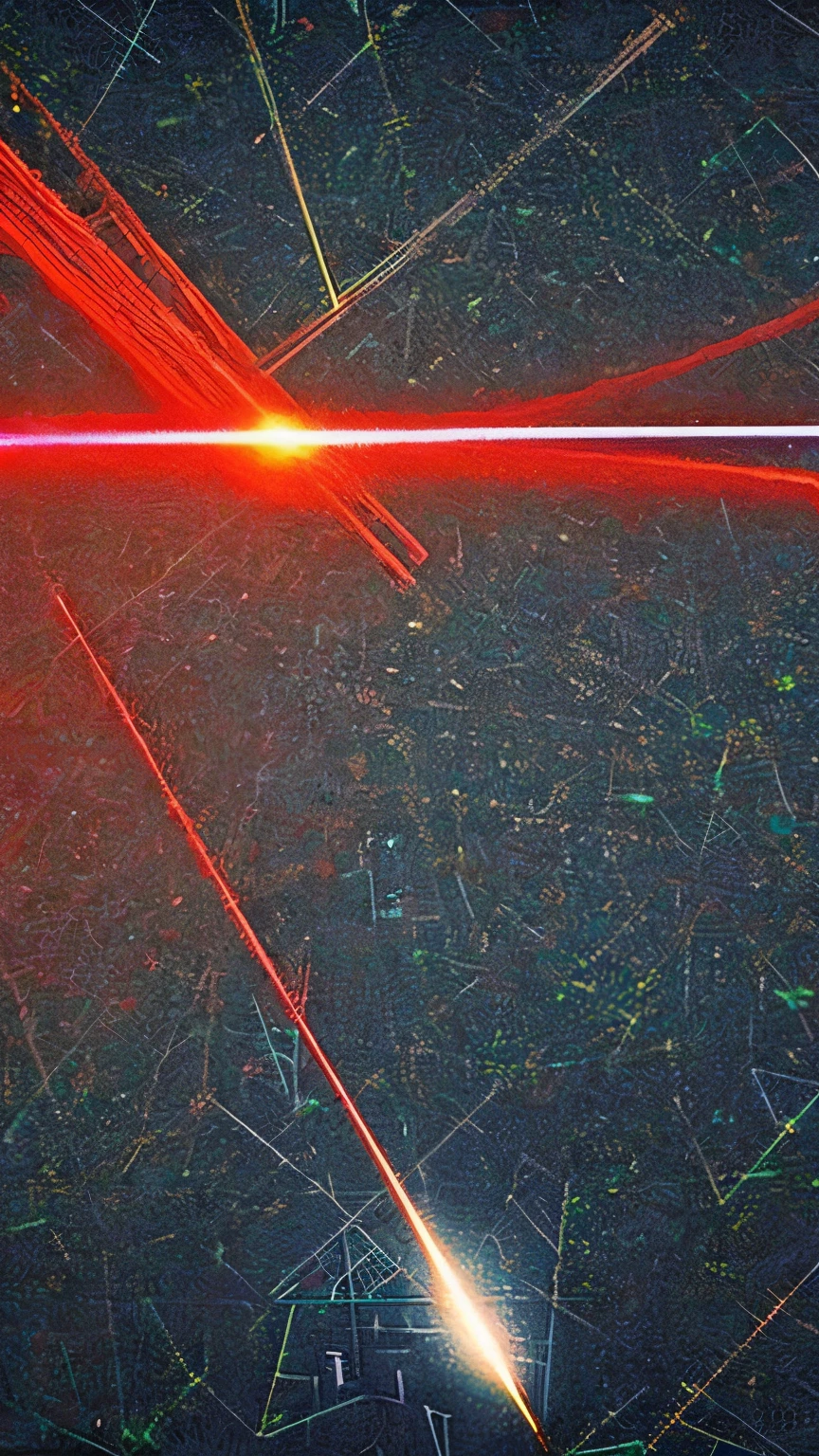 Many thin laser beams are directed straight towards the ground fog,Top-down angle shooting,Perspective,Abstract old poster,Old photos are grainy,Mysterious Psychedelic Retro,Asymmetrical composition,Lots of white space,Sci-fi psychedelic,No man's environment,