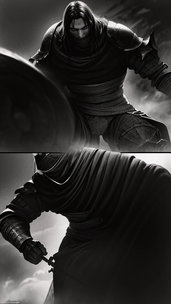 (um cavaleiro de armadura brilhante:1.1), (a knight in the dark:1.1), (batalha intensa:1.2), (epic duel:1.1), (Contrasting Forces), (ideologias conflitantes), (choque do bem e do mal), (fierce competition), (confronto final), (Contraste extremo), (distinguishable oppositions), (Dramatic confrontation), (powerful opponents), (opposing forces), (unconventional combat style), (rivalidade feroz), (Intense Determination), (unyielding willpower), (caminhos divergentes), (visuais impressionantes), (emphasized features), (armadura detalhada), (armas intrincadamente projetadas), (Symbolic Elements), (olhos expressivos), (Stern expressions), (atmosfera tensa), (sinister presence), (dynamic composition), (fundo escuro), (Moonlight scenery), (dramatic lighting), (esquemas de cores contrastantes), (highly dramatic narrative), (artesanato magistral), (detalhes impressionantes), (cores vibrantes), (realismo impressionante)
