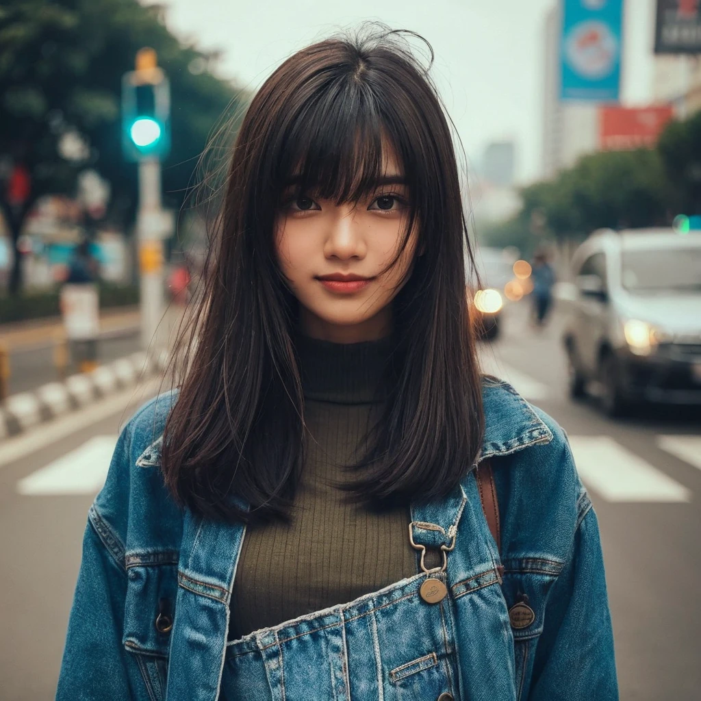 Street photography gadis muda, di sisi jalan dekat lampu lalulintas